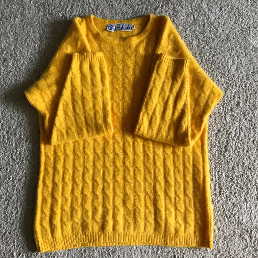 Fuzzy oversized yellow cable-knit angora sweater